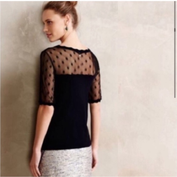 Anthropologie Knitted and Knotted polka dot mesh sweater Navey - Picture 3 of 16